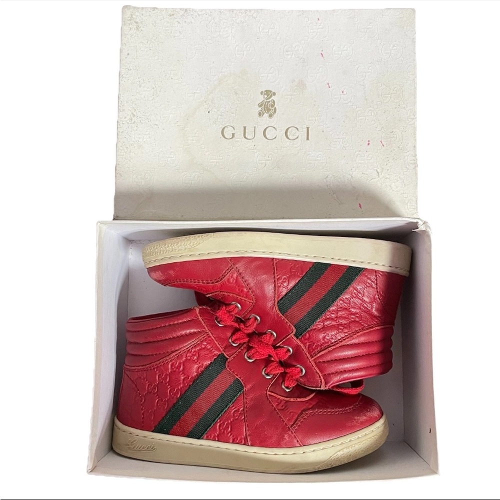 GUCCI Toddler Size 25 (9T US) High-Top Sneakers with Web in RED MicroGuccissma